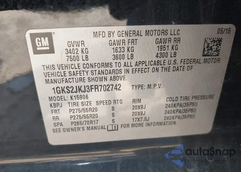 2015 GMC Yukon Xl 1500 Denali из США, поврежденный, VIN 1GKS2JKJ3FR702742